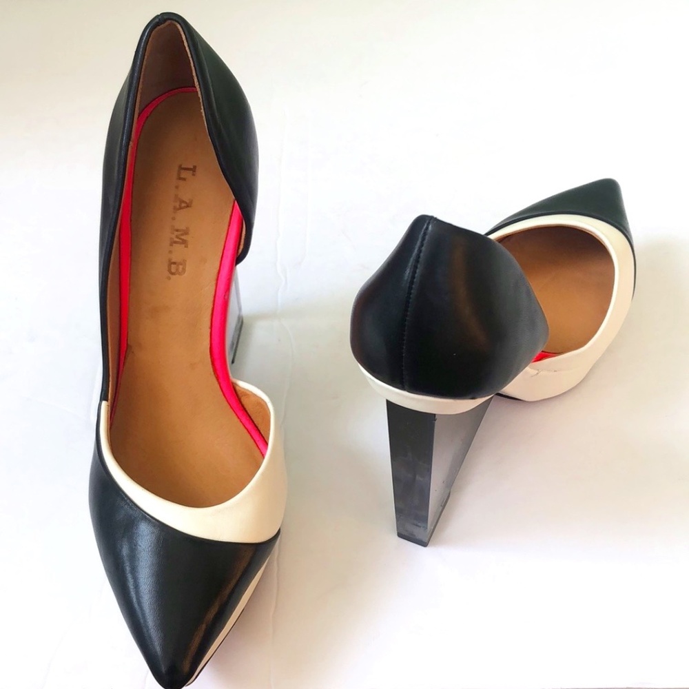 L.A.M.B. black & white wedge heels, 7M
